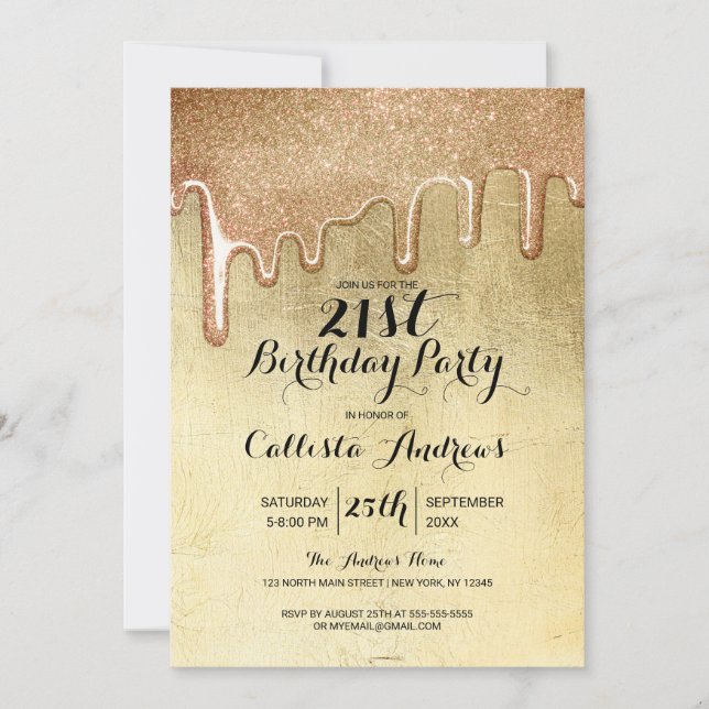 Invitación Glamorosos Purpurinas de oro grueso gotean cumplea (Anverso)