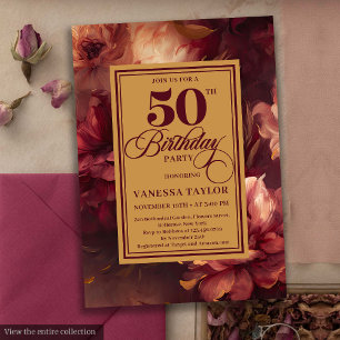 Invitación Glamorosos rosas de oro de color burdeos 50 años