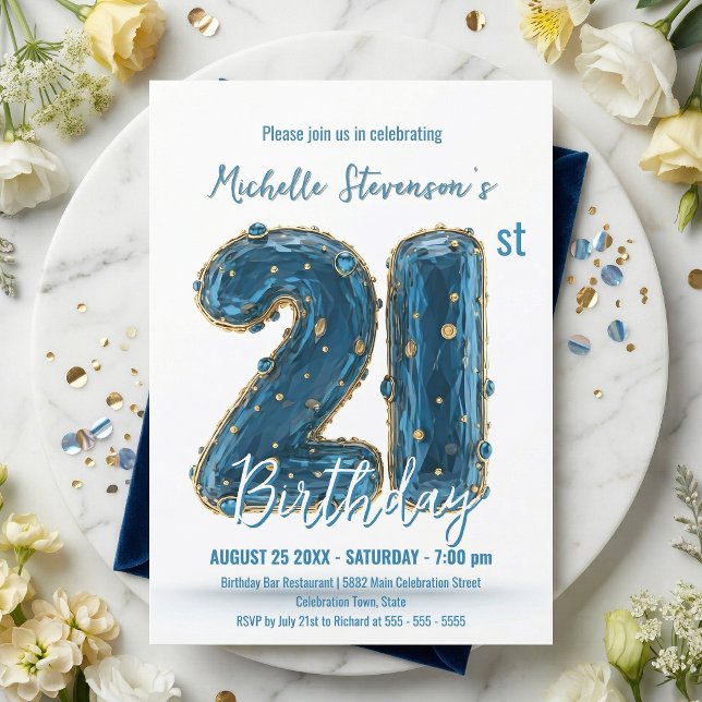 Invitación Glamorous 3D Blue Gold Gemstone 21st Birthday (Subido por el creador)
