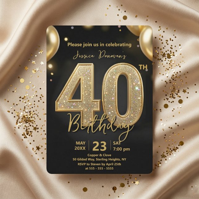 Invitación Glamorous Black Gold Glitter 40th Birthday Party (Subido por el creador)