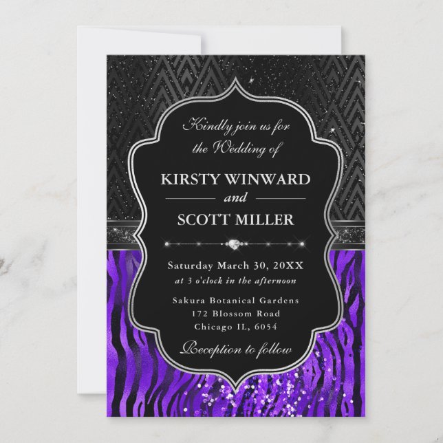 Invitación Glamorous Black Purple Tiger Stripes Wedding (Anverso)