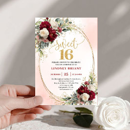 Invitación Glamorous Boho Burgundy Gold Floral Sweet Sixteen