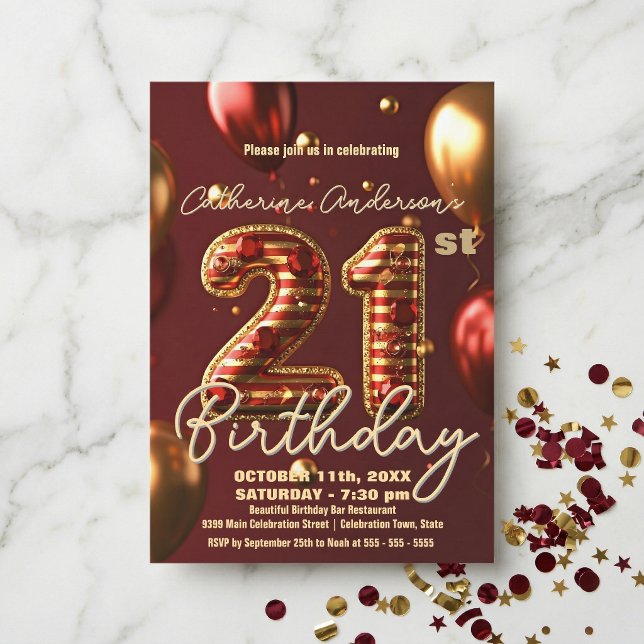 Invitación Glamorous Burgundy Red Gold Balloon 21st Birthday (Subido por el creador)