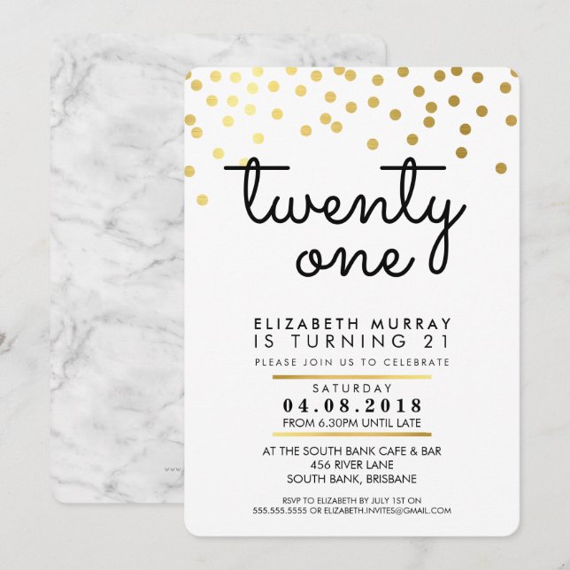 Invitación GLAMOROUS fiesta de 21 años INVITE gold confetti (Anverso / Reverso)