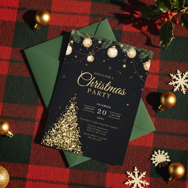 Invitación Glamorous Gold Christmas Tree Party Invite (Modern Holiday Invitation)