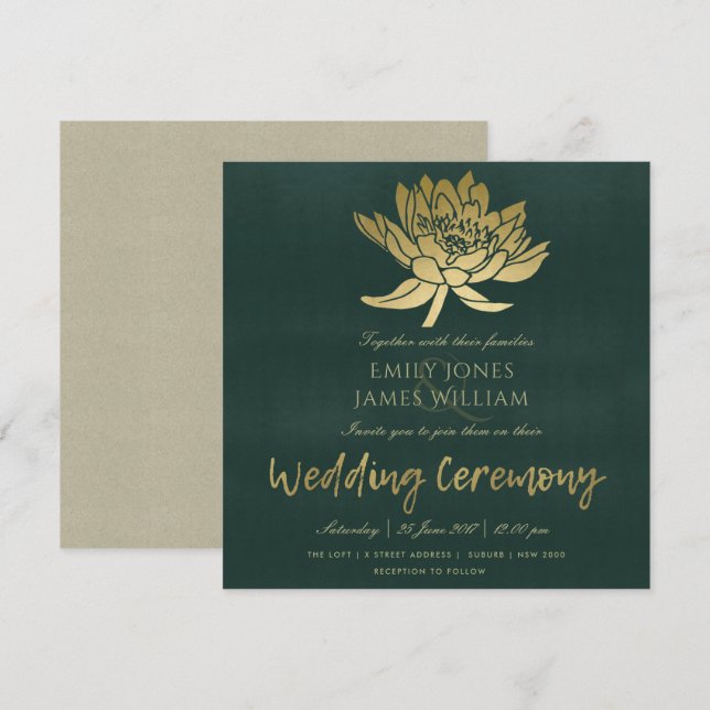 INVITACIÓN GLAMOROUS GOLD DARK VERDE LOTUS BODA FLORAL (Anverso / Reverso)