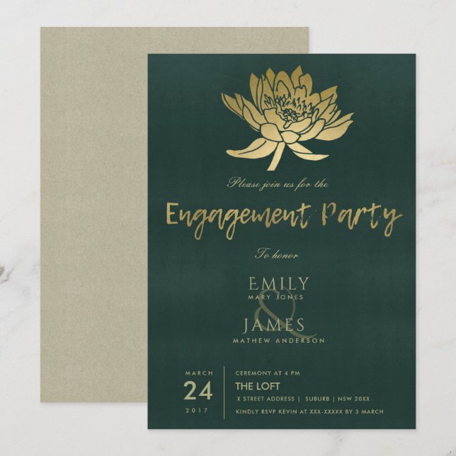 INVITACIÓN GLAMOROUS GOLD DARK VERDE LOTUS FLORAL COMPROMISO (Anverso / Reverso)