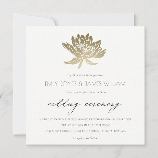 INVITACIÓN GLAMOROUS GOLD WHITE KRAFT LOTUS FLORAL BODA (Anverso)