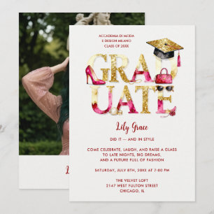 Invitación Glamorous Hot Pink Gold Glitter Grad Fashion Photo