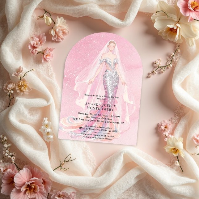Invitación Glamorous Pink Glitter Mermaid Style Bride Dressed (Glamorous Pink Glitter Mermaid Style Bride Dressed Bridal Shower Wedding Invitations Design. )