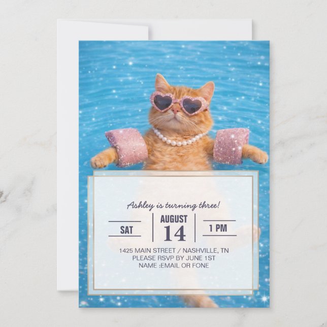 Invitación    Glamorous Poolside Cat Floating In Style        (Anverso)