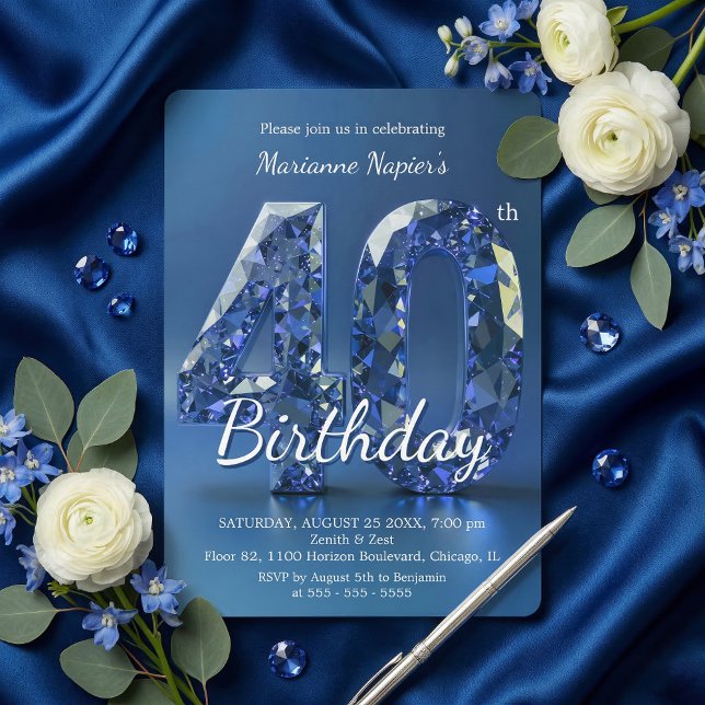 Invitación Glamorous Sapphire Blue Diamond 40th Birthday (Subido por el creador)