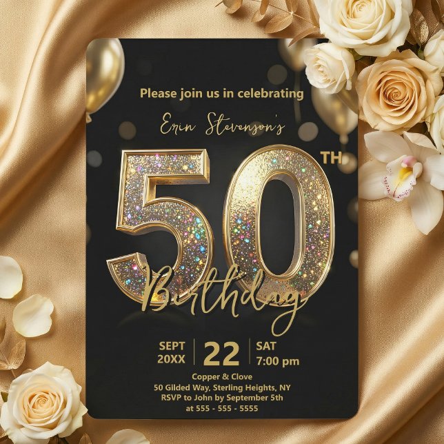 Invitación Glamorous Sparkly Black and Gold 50th Birthday (Subido por el creador)