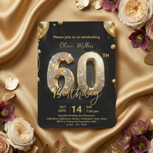 Invitación Glamorous Sparkly Black and Gold 60th Birthday (Subido por el creador)