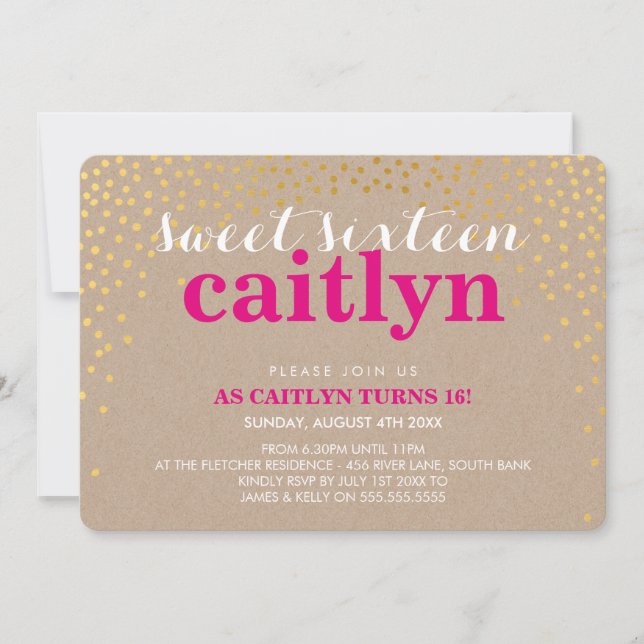 Invitación GLAMOROUS SWEET 16 kraft rosa de confeti dorado rú (Anverso)