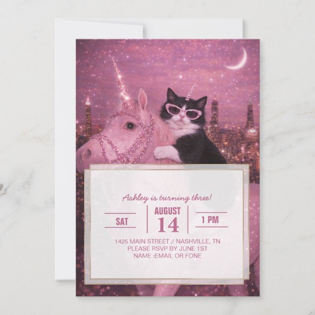 Invitación Glamorous Unicorn Cat Under Sparkling City         (Anverso)