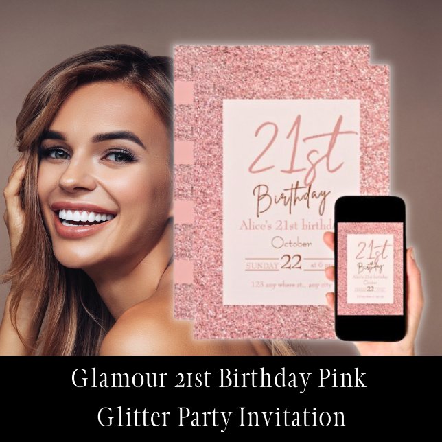Invitación Glamour 21ᵉʳ Birthday Pink Purpurina (Glamour 21st Birthday Pink Glitter Party Invitations)