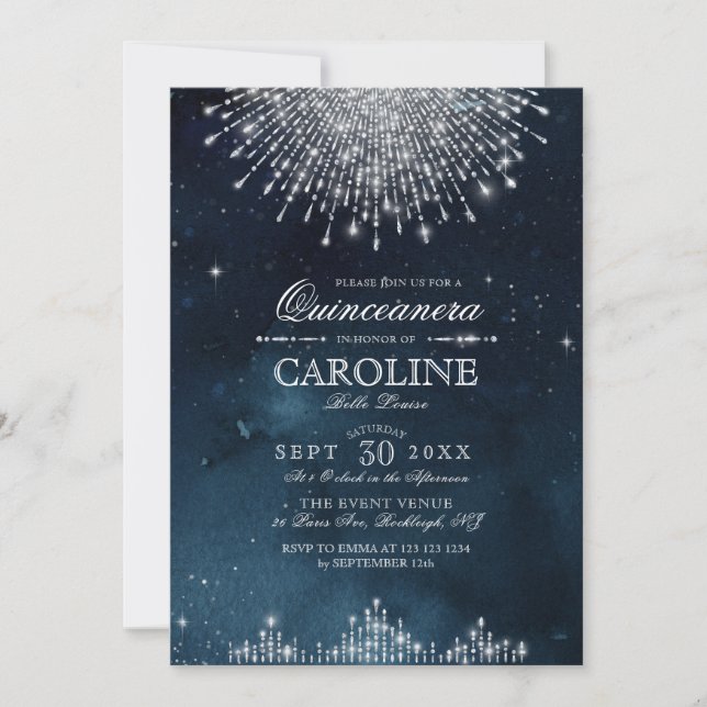 Invitación Glamour Art Deco Azul Quinceanera (Anverso)