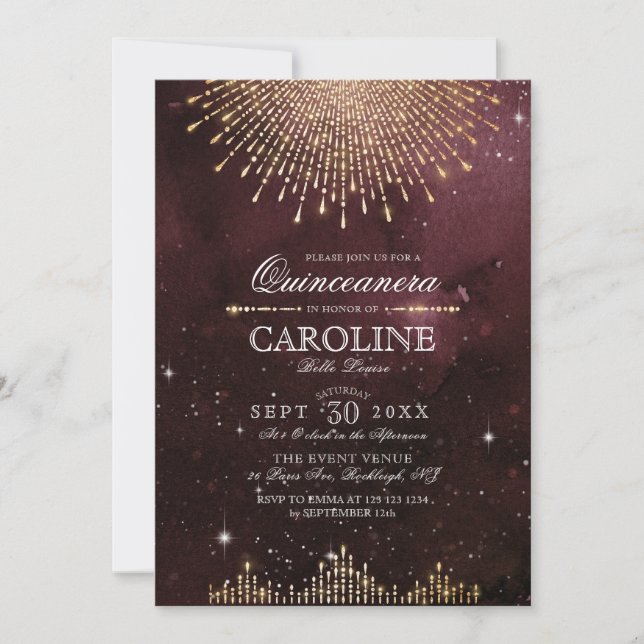 Invitación Glamour Art Deco Borgoña Quinceanera (Anverso)