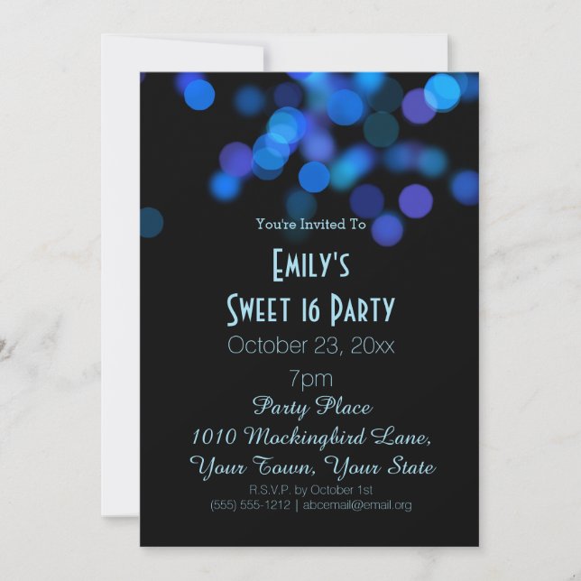 Invitación Glamour azul violeta tema dulce 16 cumpleaños (Anverso)