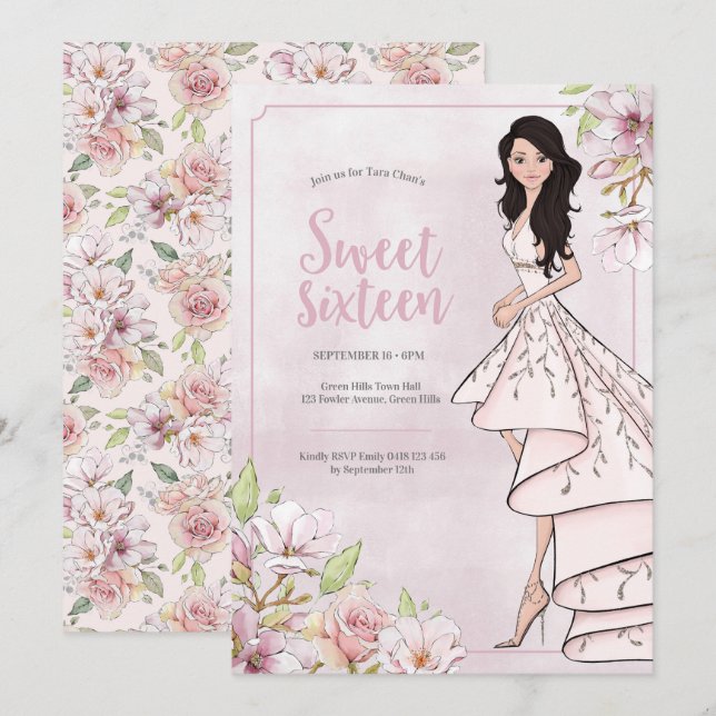 Invitación Glamour Chica Sweet 16 cumpleaños (Anverso / Reverso)
