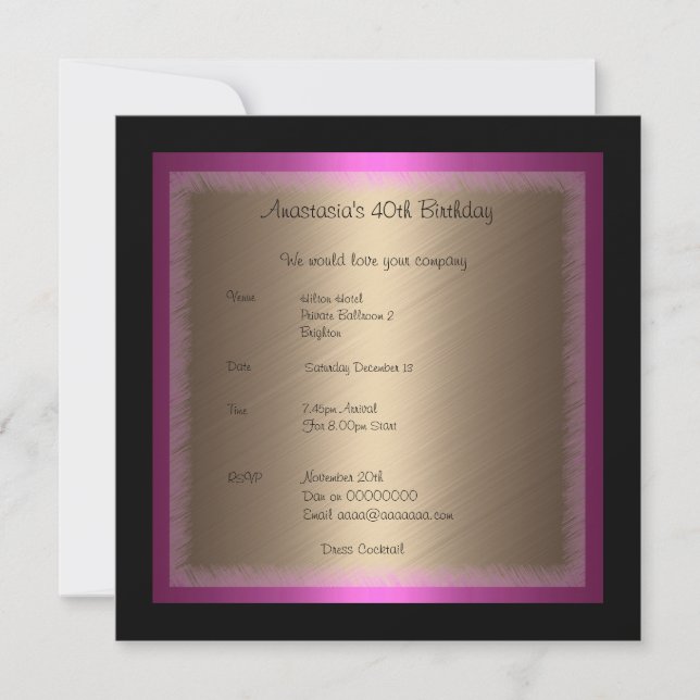 Invitación Glamour de bronce en Fuschia por cumpleaños negro (Anverso)