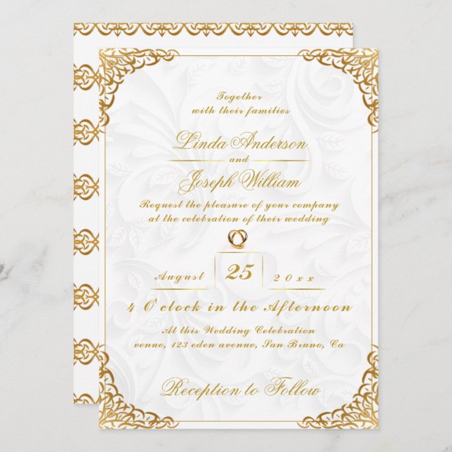 Invitación Glamour de lujo Frontera de Oro y Boda de Flores N (Anverso / Reverso)