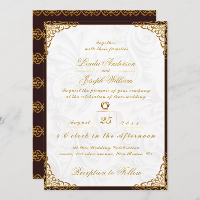 Invitación Glamour de lujo Frontera de Oro y Boda de Flores N (Anverso / Reverso)