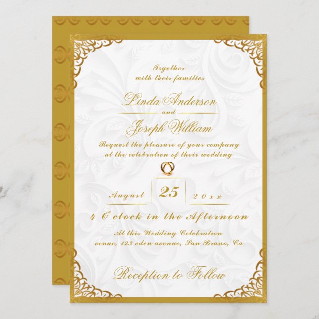 Invitación Glamour de lujo Frontera de Oro y Boda de Flores N (Anverso / Reverso)