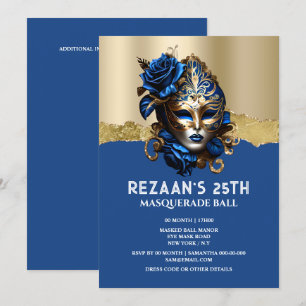 Invitación Glamour dorada azul mascarada rosa elegante glamur