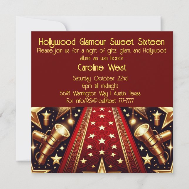 Invitación Glamour dulce de Hollywood dieciséis (Anverso)