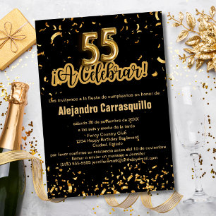 Invitación Glamour Español Confeti Negro y Dorado Cumpleaños 
