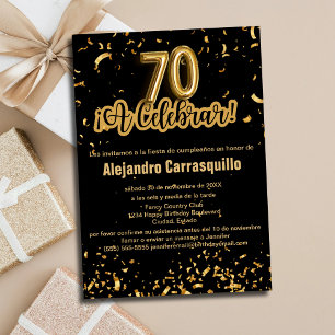 Invitación Glamour Español Confeti Negro y Dorado Cumpleaños 