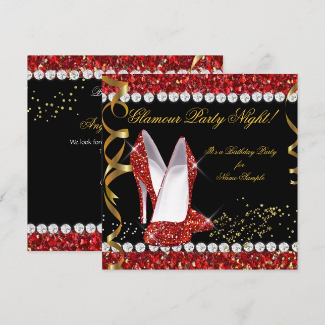 Invitación Glamour Fiesta Noche Purpurina Rojo Oro Zapatos Ne (Anverso / Reverso)