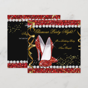 Invitación Glamour Fiesta Noche Purpurina Rojo Oro Zapatos Ne