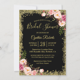 Invitación Glamour floral de oro negro Purpurina ducha de nov
