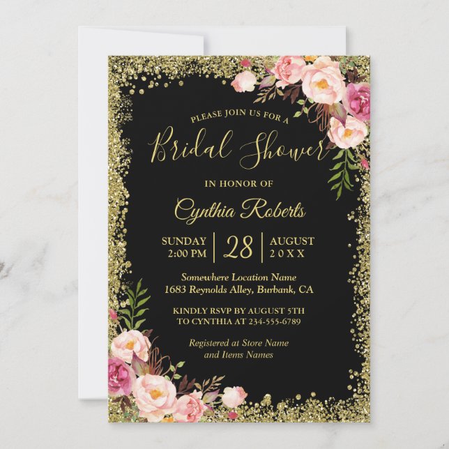 Invitación Glamour floral de oro negro Purpurina ducha de nov (Anverso)