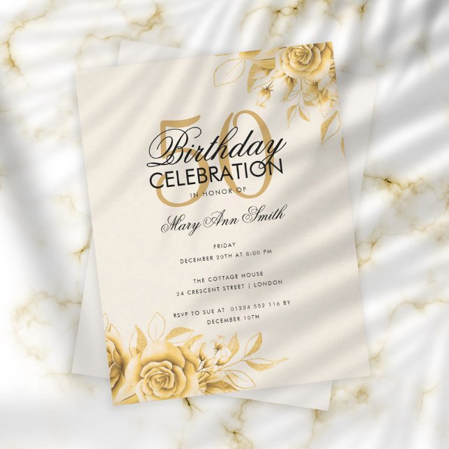 Invitación Glamour floral presupuesto cumpleaños crema de oro (Subido por el creador)