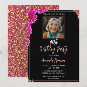 Invitación Glamour Floral Purpurina 90 cumpleaños