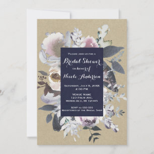 Invitación Glámour Floral Rústico en Azul Marino para Boda Ch