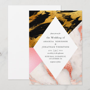 Invitación Glamour Geométrico Bodas de Mármol con Brillo Fals