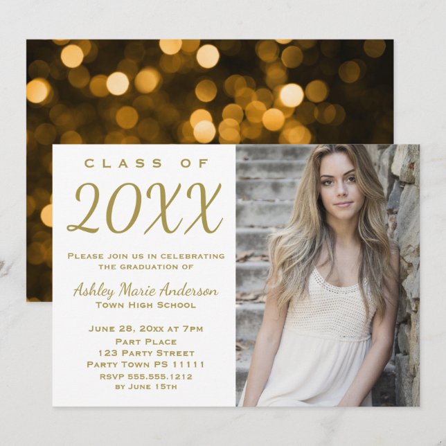 Invitación Glamour Gold Graduation Party con foto (Anverso / Reverso)