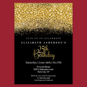 Invitación Glamour Gold Jeweled Brillo Cumpleaños 25
