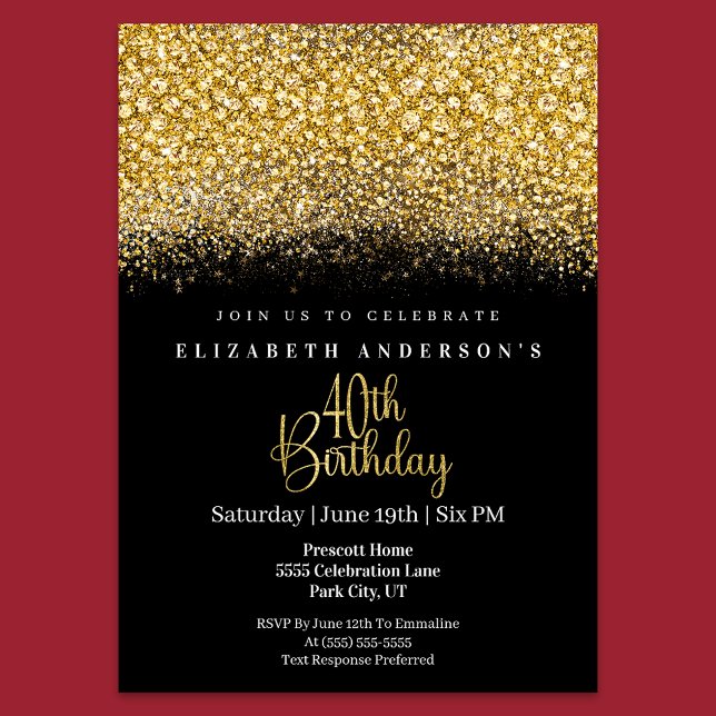Invitación Glamour Gold Jeweled Brillo Cumpleaños 40 (Subido por el creador)