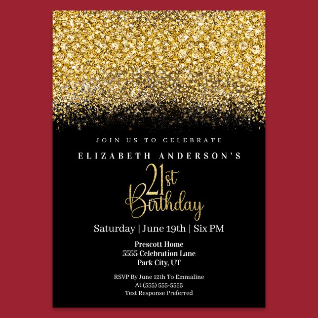 Invitación Glamour Gold Jeweled Glitter 21st Birthday (Subido por el creador)