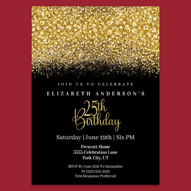 Invitación Glamour Gold Jeweled Glitter 25th Birthday (Subido por el creador)