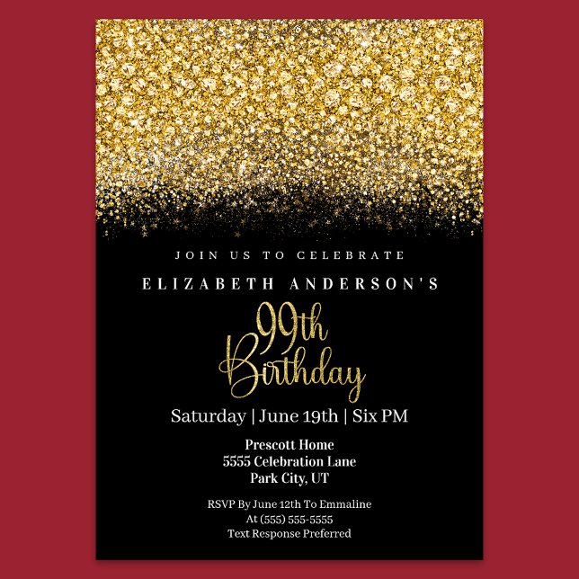 Invitación Glamour Gold Jeweled Glitter 99th Birthday (Subido por el creador)