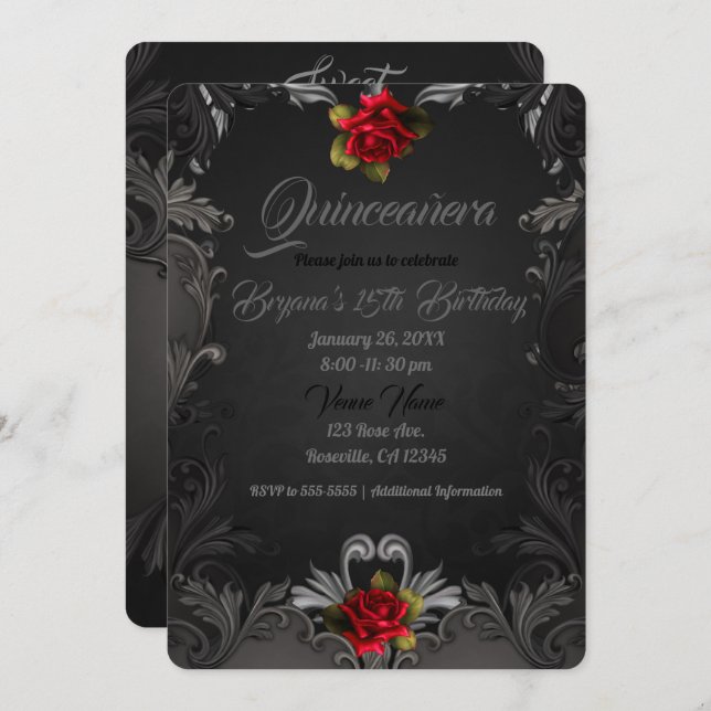 Invitación Glamour gótico Rojo Rosa Ornamental Quinceañera (Anverso / Reverso)