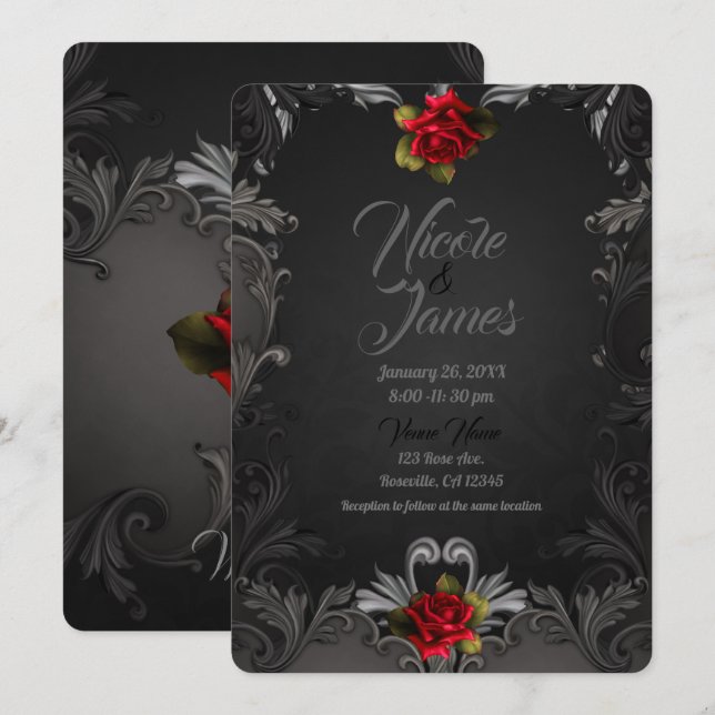 Invitación Glamour gótico Rosa Roja Boda Ornamental Negro (Anverso / Reverso)