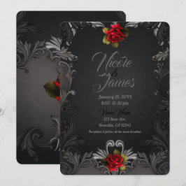 Invitación Glamour Gótico Rosa Roja Bodas Ornamentales Negras
